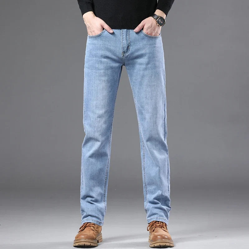 Fashion Light Blue Slim Straight Jeans Men's Spring Autumn Elastic Comfortable Denim Pants Korean Casual Business Trousers