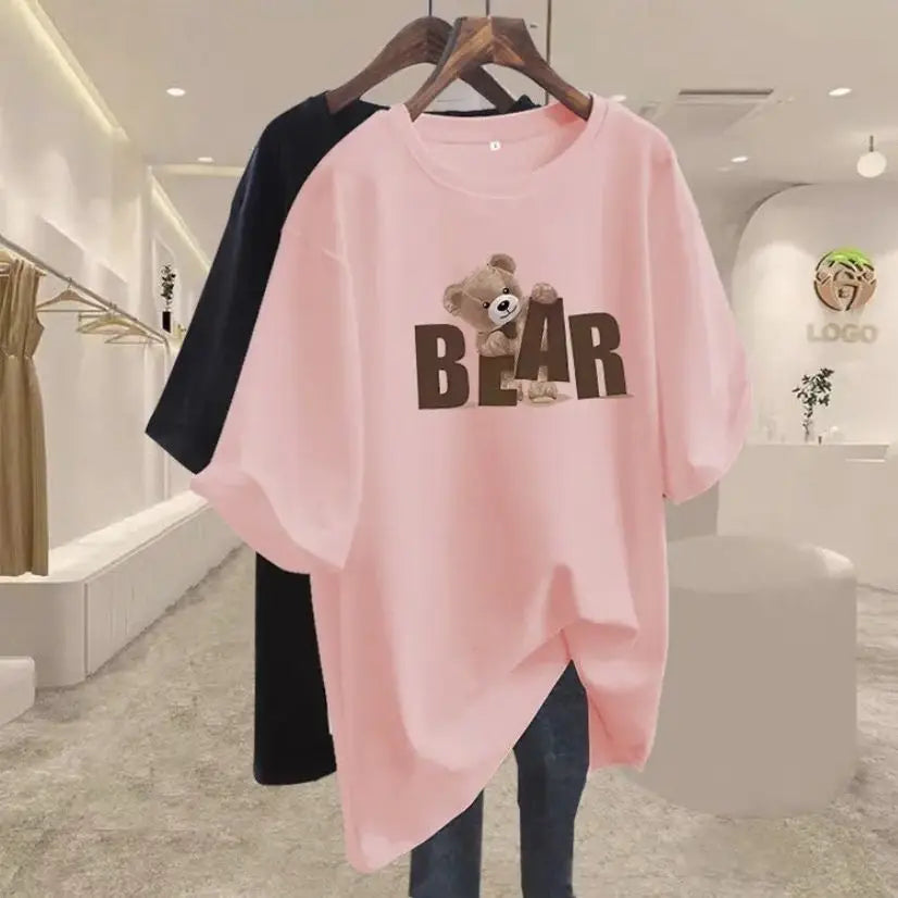 Summer Chic Letter Printing Bear T-shirt Women O-neck Short Sleeve Cotton Basic Top Tee Casual Loose Oversized Pullover 45-105Kg