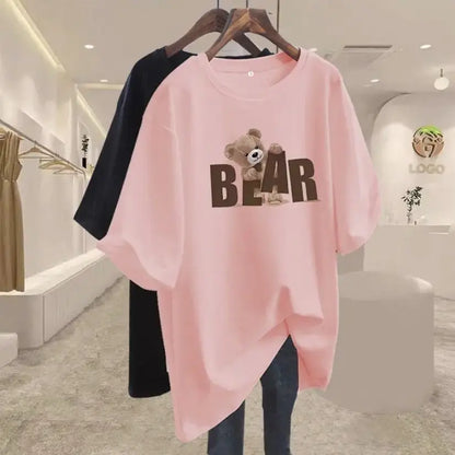 Summer Chic Letter Printing Bear T-shirt Women O-neck Short Sleeve Cotton Basic Top Tee Casual Loose Oversized Pullover 45-105Kg
