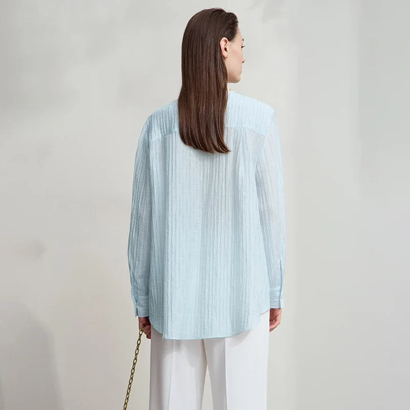 Women's Shirt 2025 Autumn New Elegant Versatile Women's Blouse Pockets O-Neck Loose Long Sleeves Casual Ladies Tops12543146