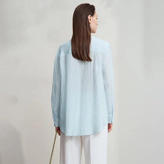 Women's Shirt 2025 Autumn New Elegant Versatile Women's Blouse Pockets O-Neck Loose Long Sleeves Casual Ladies Tops12543146