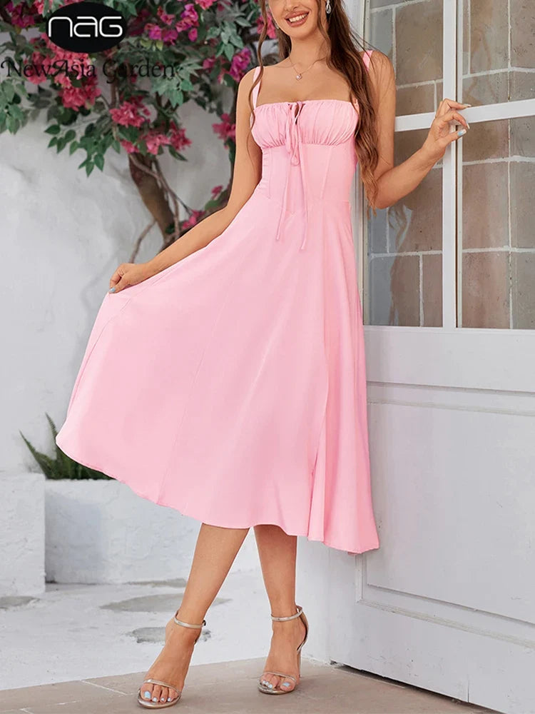 Summer Sweet Solid Sleeveless Long Dress Women Fashion Bandage Camisole Dresses Padded Boned Robe Elegant Party Vestidos