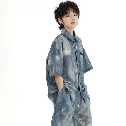 Imitation Denim Shirt Clothing Set Outdoor Summer Wear 2025 New Children's Home Cartoon Fashion From 4 Years Old Boy Outfit Top