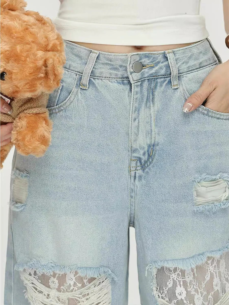 Women's Lace Hollow Out Baggy Jeans Vintage Destroyed Holes Raw Edge Wide Leg Denim Pants Casual Korea Everyday Wear