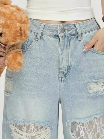 Women's Lace Hollow Out Baggy Jeans Vintage Destroyed Holes Raw Edge Wide Leg Denim Pants Casual Korea Everyday Wear