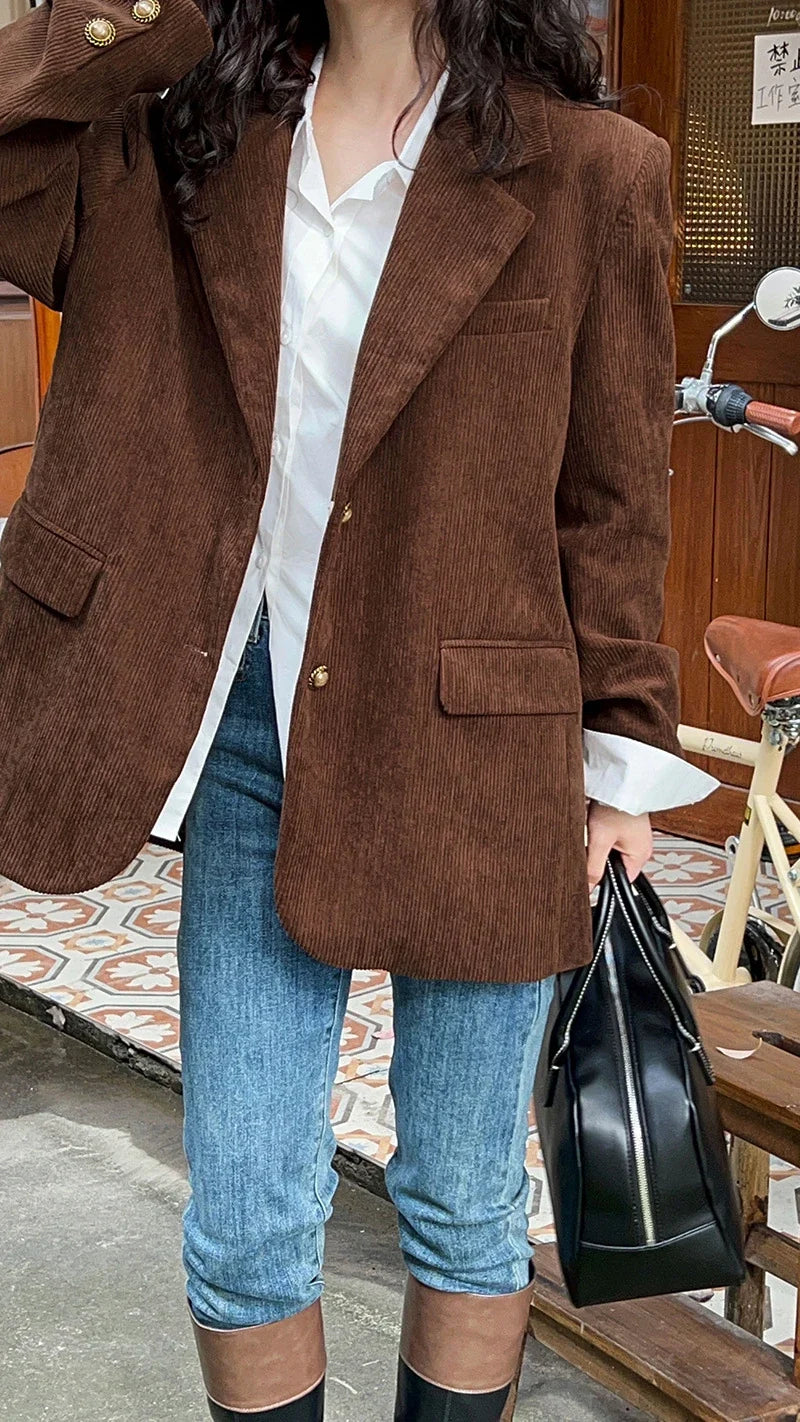 Brown Corduroy Suit Jackets Women's Spring New Fashion Loose Casual Blazers Notched Collar Single Breasted Pockets Female Tops