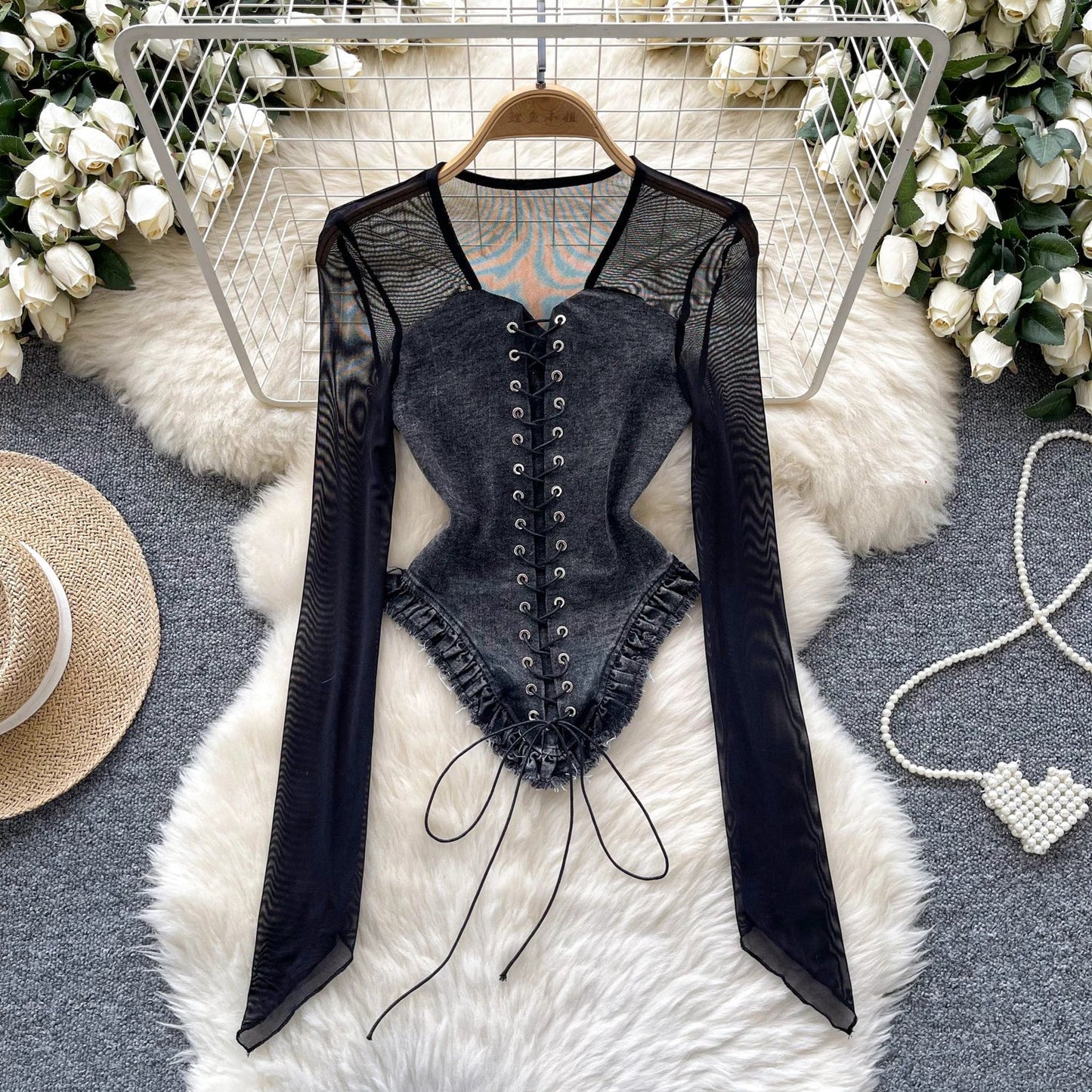 American Retro Patchwork Sexy Blouse 2024 Women Squre Neck Long Sleeves Sheer Top Streetwear Ins Lace Up Denim Shirt