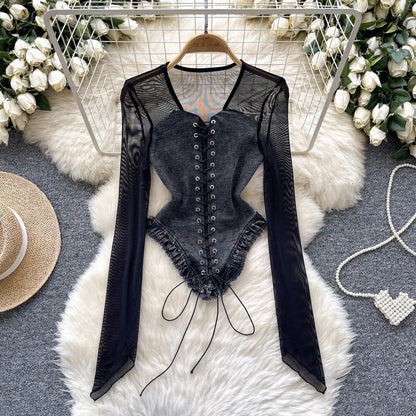 American Retro Patchwork Sexy Blouse 2024 Women Squre Neck Long Sleeves Sheer Top Streetwear Ins Lace Up Denim Shirt