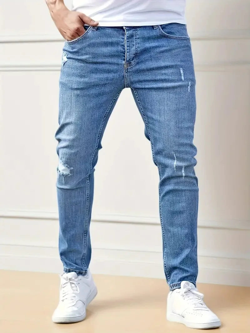 New men's jeans elastic slim fit pants street wear classic ripped cat whiskers casual jeans tight zipper denim clothing black bl