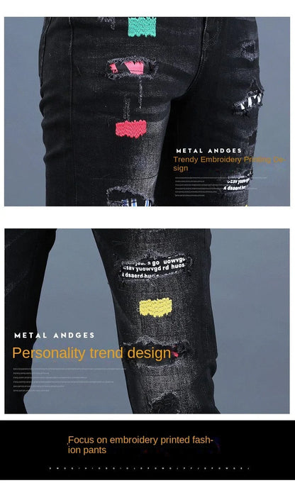 Harajuku Fashion Men's High-end Embroidered Jeans Korean Style Prints Patches Slim Fit Casual Spring Autumn Cowboy Trousers