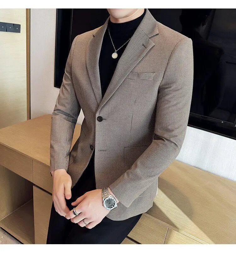 Korean Vintage Elegant Men's Business Slim Fit Suit Jacket 2026 New Fashion Lapel Single Breasted Men Social Party Dress Coats