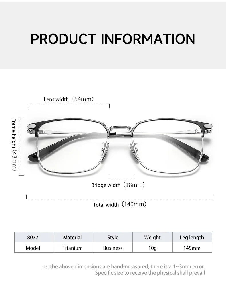 Fashion Square Pure Titanium Frame Simple Design Men's Anti-blue Light Glasses Can Be Customized Prescription 8007TS