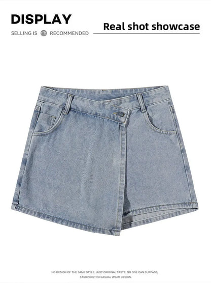 2026 Summer Women High Waist A-line Shorts Light Color Fake Two-piece Design Elegant Slimming Hot Girl Pants Denim Short Skirt