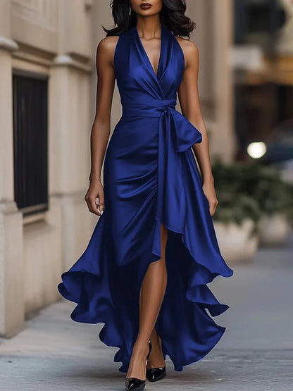 Freeacy Women's Deep V-neck Ruffled Evening Gowns Solid Color Lace-up High Waist Satin Party Dresses Wedding Guests Dress