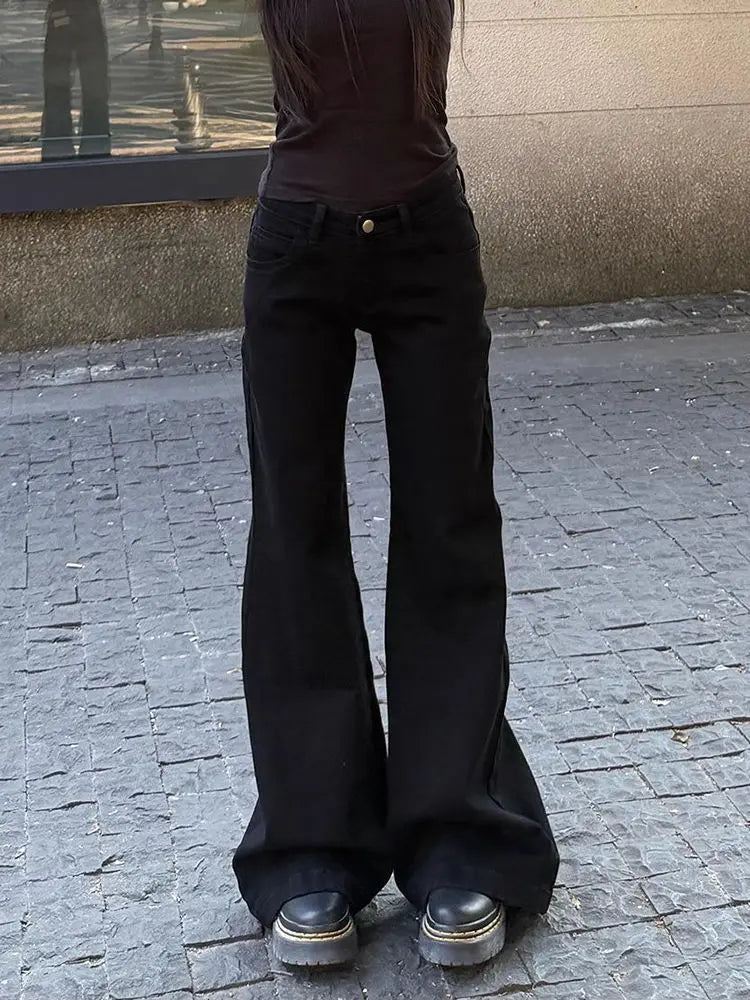 Women Korean Vintage Abi Y2k Low Rise Denim Flare Pants Simple Jean Bell-Bottom Japanese Long Trousers Grunge Dark Academia New