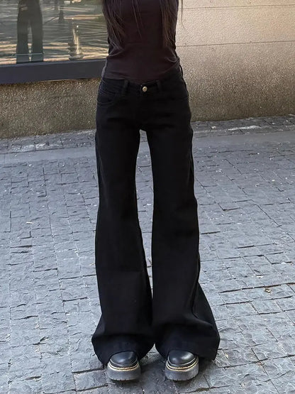 Women Korean Vintage Abi Y2k Low Rise Denim Flare Pants Simple Jean Bell-Bottom Japanese Long Trousers Grunge Dark Academia New