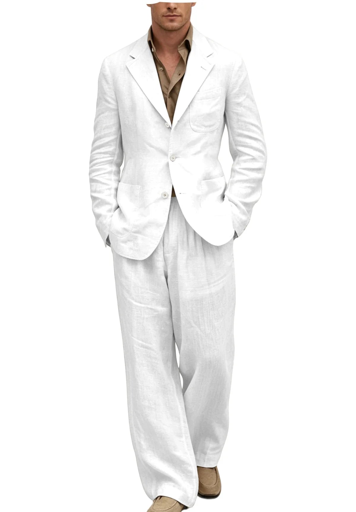 Men's Linen Suit 2 Pieces Set Casual Blazer & Wide Leg Pants Notch Lapel Breathable Wedding Business Party Jacket Tuxedo Summer