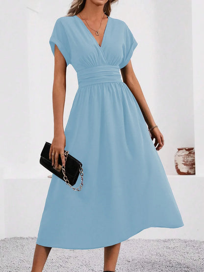 Dresses 2025 Woman Summer Solid-Color V-Neck Batwing-Sleeve Pleated Long Elegant Dress Woman Clothing Tops Skirts Y2k Clothes