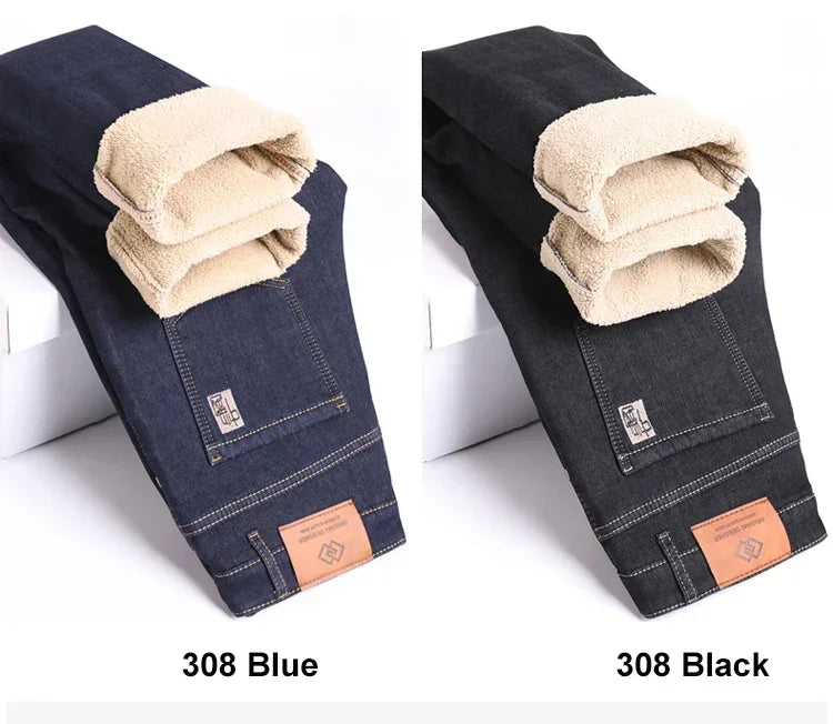 Winter Warm Fleece Jeans Men 2023 Straight Stretch Thick Casual Thermal Denim Pants Male Business Work Trousers New Men Clothing