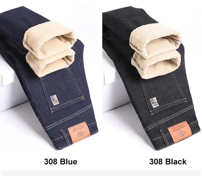 Winter Warm Fleece Jeans Men 2023 Straight Stretch Thick Casual Thermal Denim Pants Male Business Work Trousers New Men Clothing