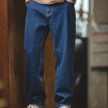 Men Vintage Washed Denim Jeans 12.8 OZ Straight Dark Blue Loose Casual Wide Leg Pants Male Streetwear Blue Jeans Trousers