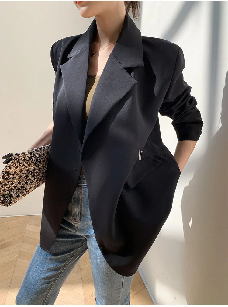Women Black Oversize Casual Jacket New Lapel Long Sleeve Loose Blazer Fashion Pin Office Ladies Suits Coat Spring Autumn 2023