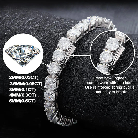 Bracelets Tennis Moissanite 2-5mm pour Femmes Hommes Diamant de Laboratoire Plaqué Argent S925 Or Blanc Bracelet Fermoir Printemps Bijoux de Mariage