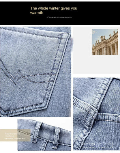 Winter Fleece Thick Warm Jeans Classic Brand Business Casual Men's Fitted Straight Stretch Mid-high Waist Denim Jeans