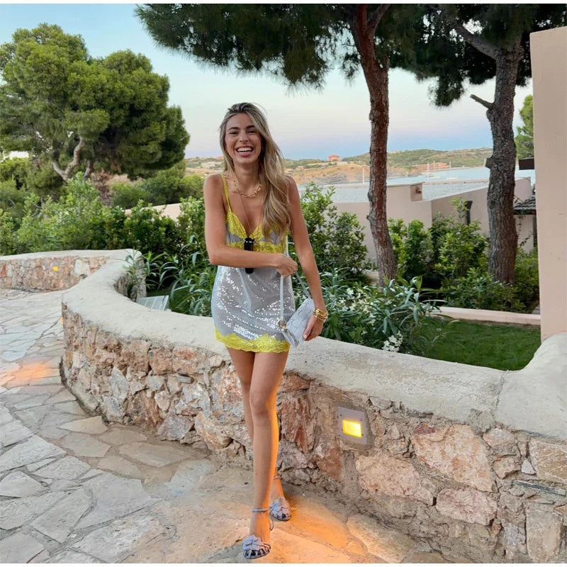 Sexy Sequin Backless Sleeveless Dress Women Chic High Waist Bodycon Sling Mini Dresses 2026 Lady Beach Vacation Party Club Wear