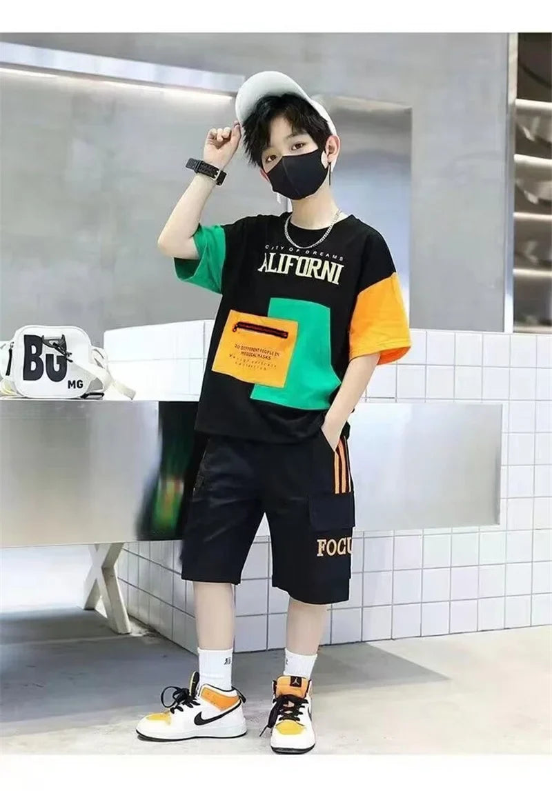 Summer Boys Clothes Sets Teenager Casual Outfits Kids Print T-shirt +Shorts 2Pcs Children Short Sleeve Tracksuit Suits 5-12 Year