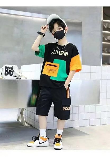 Summer Boys Clothes Sets Teenager Casual Outfits Kids Print T-shirt +Shorts 2Pcs Children Short Sleeve Tracksuit Suits 5-12 Year