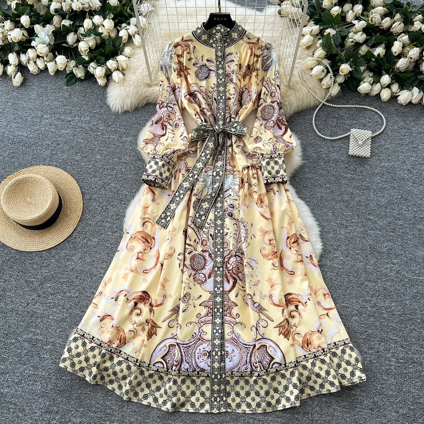 Retro Faion Print Stand Collar Single Button Women's Dr Waist Cinched Floor Length Skirt Korean Sle High Waist Long Sl...