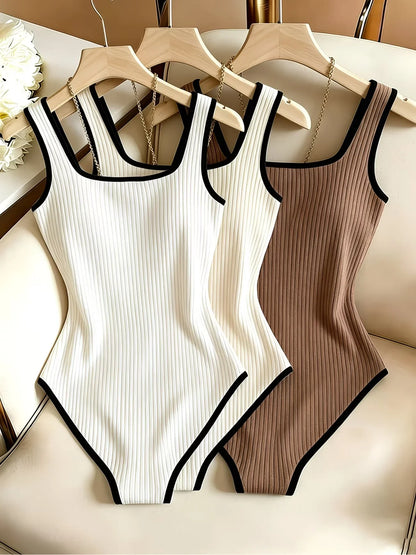 3pcs Women's Ribbed Bodysuit Set Fashionable Black Piped Square Neck Waist-Cinching Style Summer Nightlife Wear Elegant Beach Ou