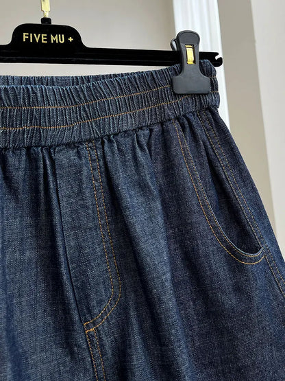 European-style high-end elastic waist casual denim shorts for women, summer thin loose high-waist A-line wide-leg hot pants