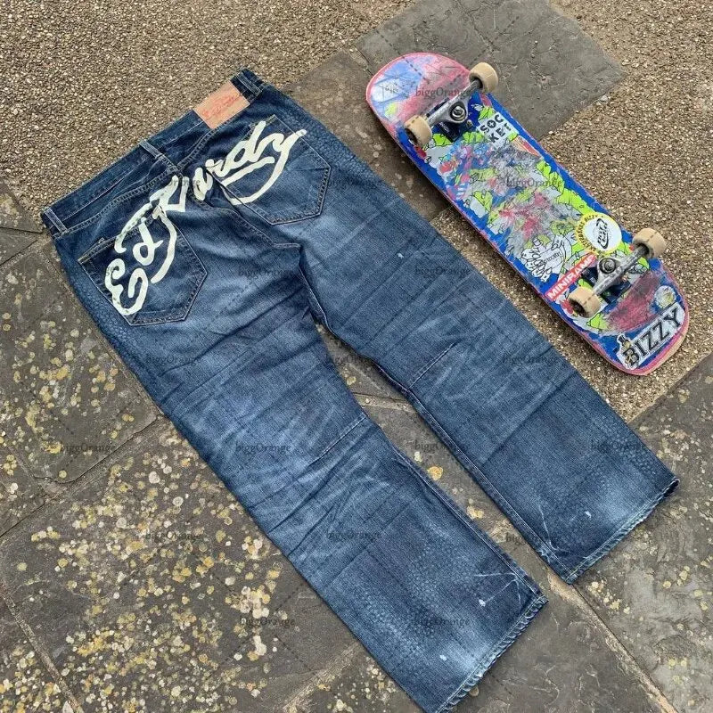 Mens Jeans Streetwear Y2K Vintage Straight Leg Denim Pants Skull Rose Flame Print Design Loose Fit Retro Punk Hip Hop Fashion