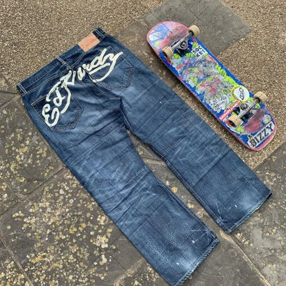 Mens Jeans Streetwear Y2K Vintage Straight Leg Denim Pants Skull Rose Flame Print Design Loose Fit Retro Punk Hip Hop Fashion