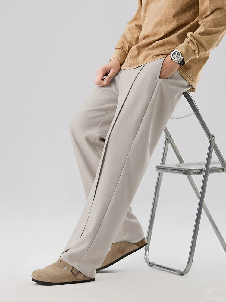 2023 New Autumn Casual Pants Men Korean Fashion Banded Waist Stretch Wide Leg Pleated Suit Slacks Straight Loose Drape Trousers