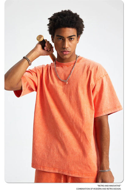 2025 High Street Summer Washed Cotton T-Shirt Tees For Men Unisex Loose Retro Solid T Shirts Brand Tops HY0113