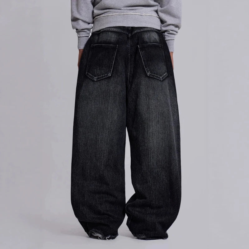 Mens Jeans Gothic Distressed Washed Denim Pant Harajuku Unisex Loose Fit Straight Leg Y2K Vintage High Street Streetwear Fashion