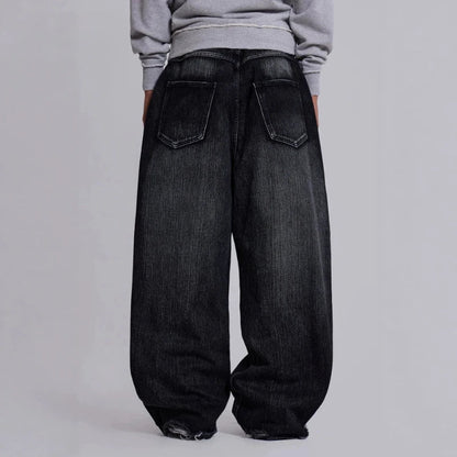 Mens Jeans Gothic Distressed Washed Denim Pant Harajuku Unisex Loose Fit Straight Leg Y2K Vintage High Street Streetwear Fashion