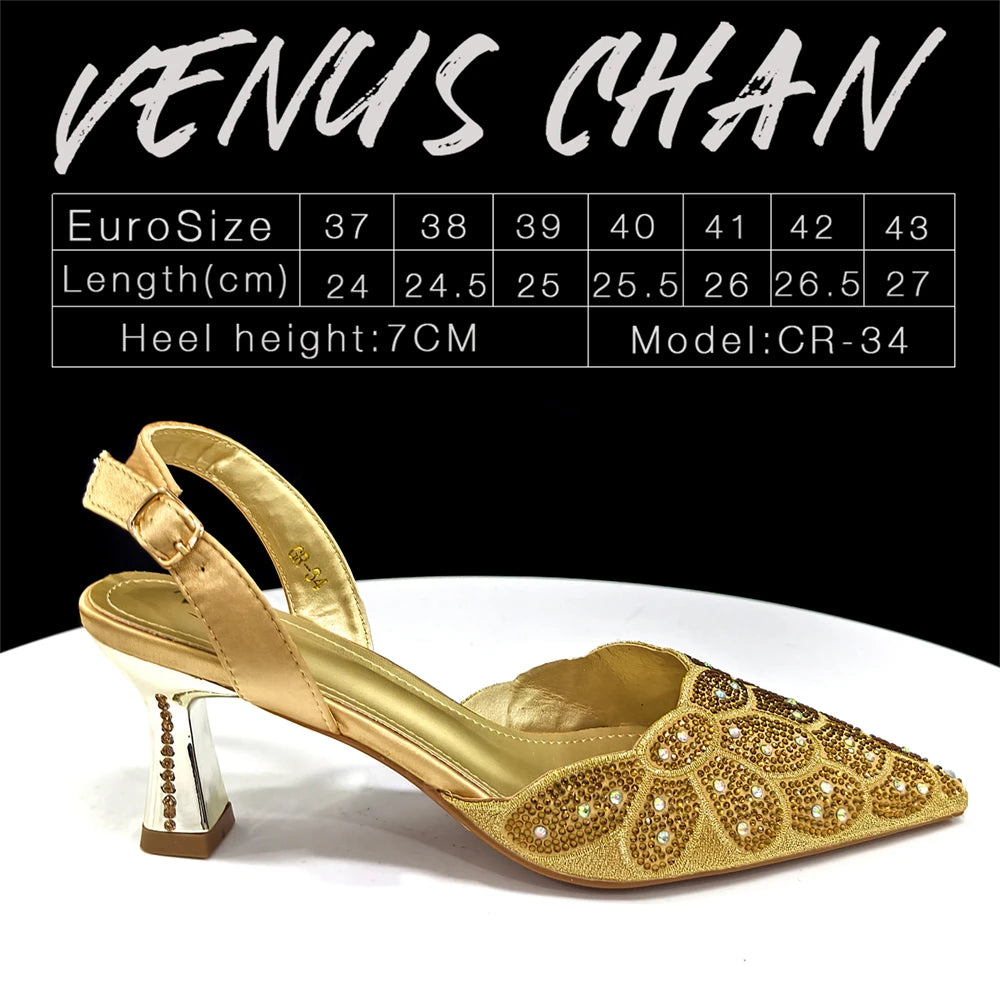 2026 New Shiny Italian Fashion Pointed Toe Women Heel Fashion Rhinestone Decoration Peach Color Shoes And Bag Set