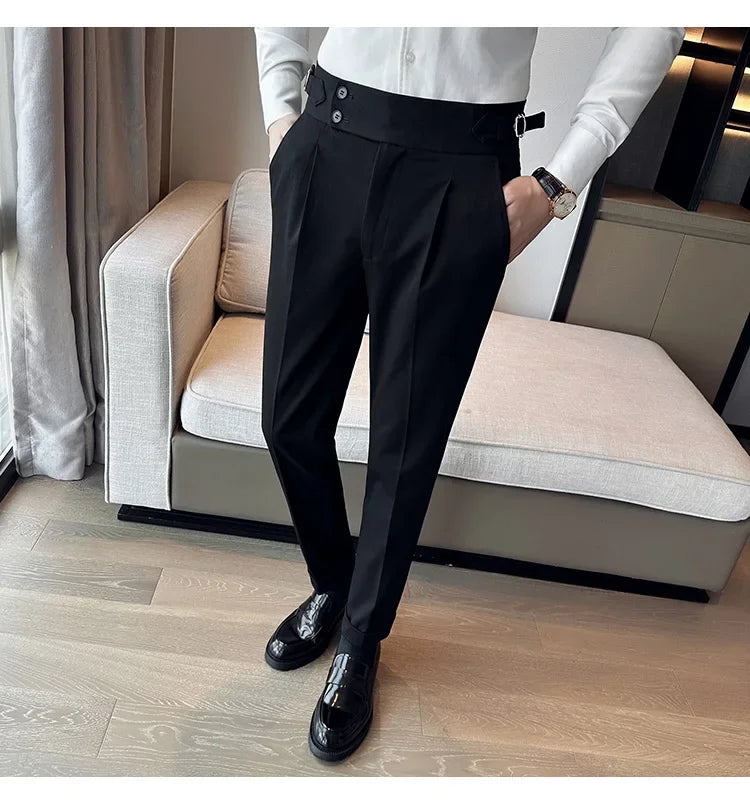 Autumn Winter High Waist Business Dress Pants Men Casual Belt Design Slim Suit Pants Formal Wedding Social Party Male Trousers