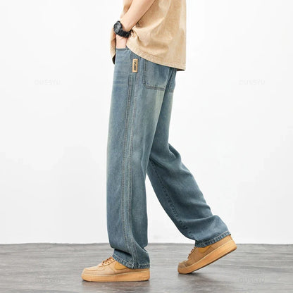 Spring Autumn High Quality Soft Lyocell Fabric Jeans Men Loose Wide Leg Pants Elastic Waist Casual Trousers Plus Size 28-40
