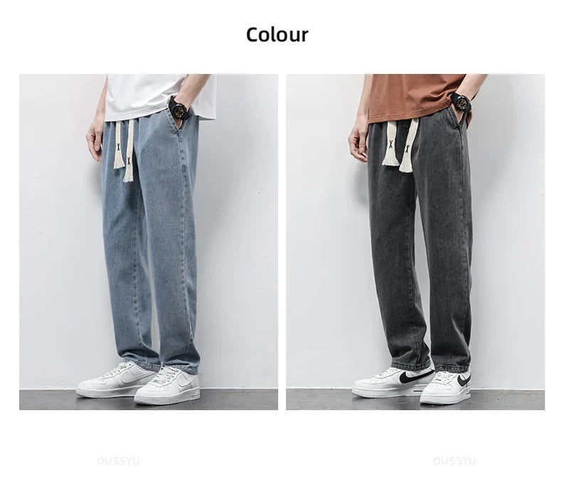 High Quality Fully Elastic Waist Men's Jeans Cotton Soft Drawstring Straight Pants Korea Casual Trousers Male Plus Size S-5XL