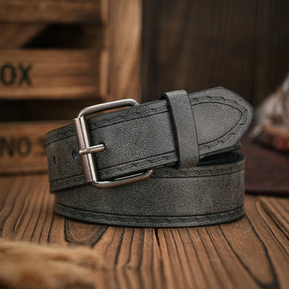 A Men's and Women's Matching Belt with Retro Button Closure, PU Faux Thread Embossed Belt, Casual Style, Versatile.