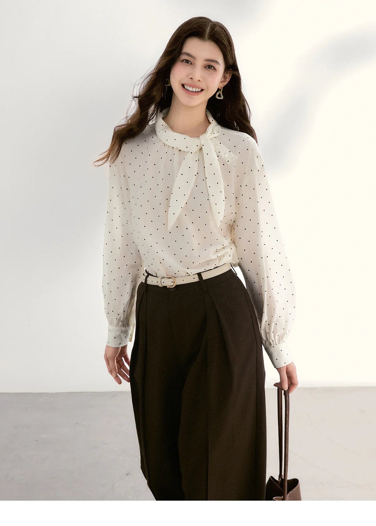 Women's White Polka Dot Blouse Spring Bow Tie Neck Sheer Chiffon Blouses Casual Long Sleeve Top Office Lady MXF13X2531