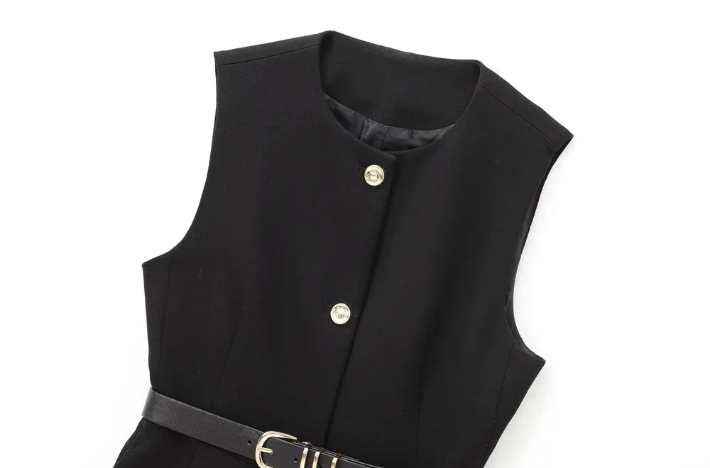 Women's Long Waistcoat with Belt, Front Gold Button, O Neck Sleeveless Vest, Female Outerwear, Chic Tops, Fashion