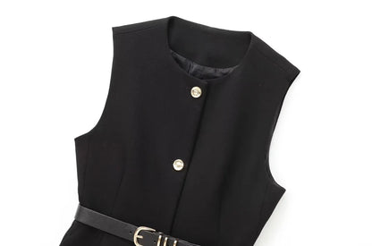 Women's Long Waistcoat with Belt, Front Gold Button, O Neck Sleeveless Vest, Female Outerwear, Chic Tops, Fashion