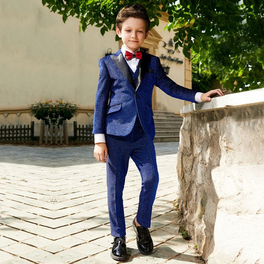 Glitter Luxury Kids Suit Set 3 Pieces Host Costumes,Classic Peak Lapel Boys Regular Fit Tuxedo Wedding Ring Bearer Outfit