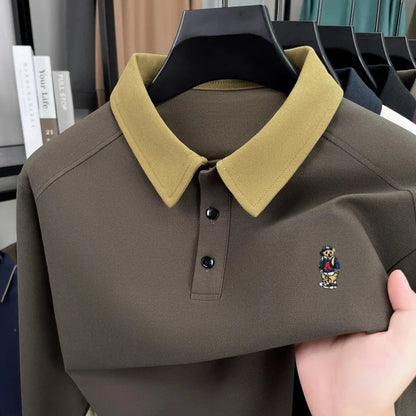 Premium luxury men's long sleeve polo shirt brand cartoon bear embroidery Korean style fashion comfort autumn new lapel T-shirt